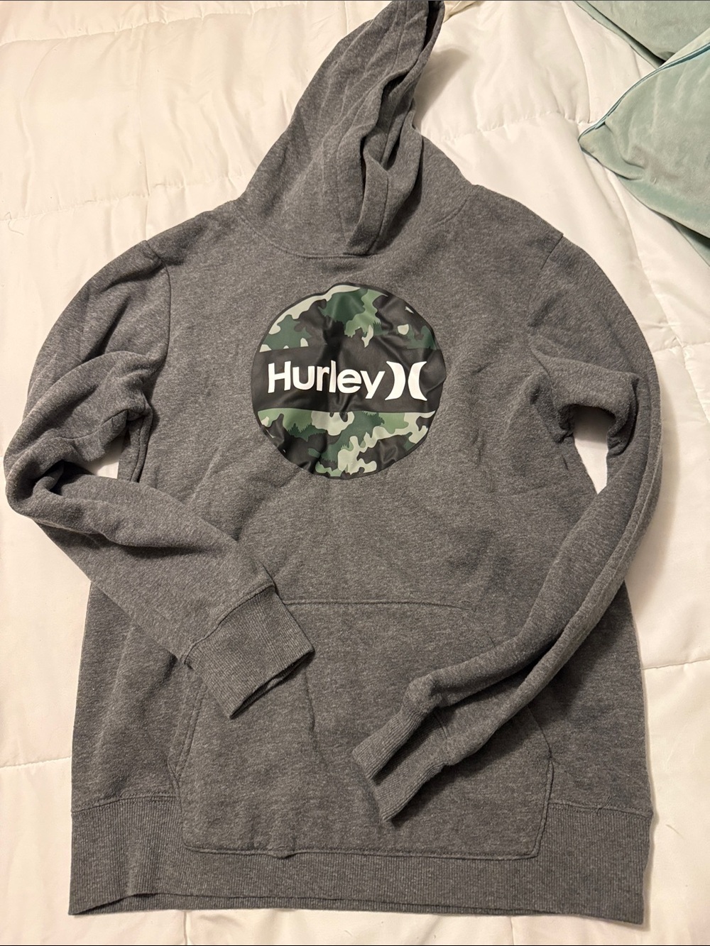 Boys Hurley Gray Hoodie with Green Camo Logo 18/20